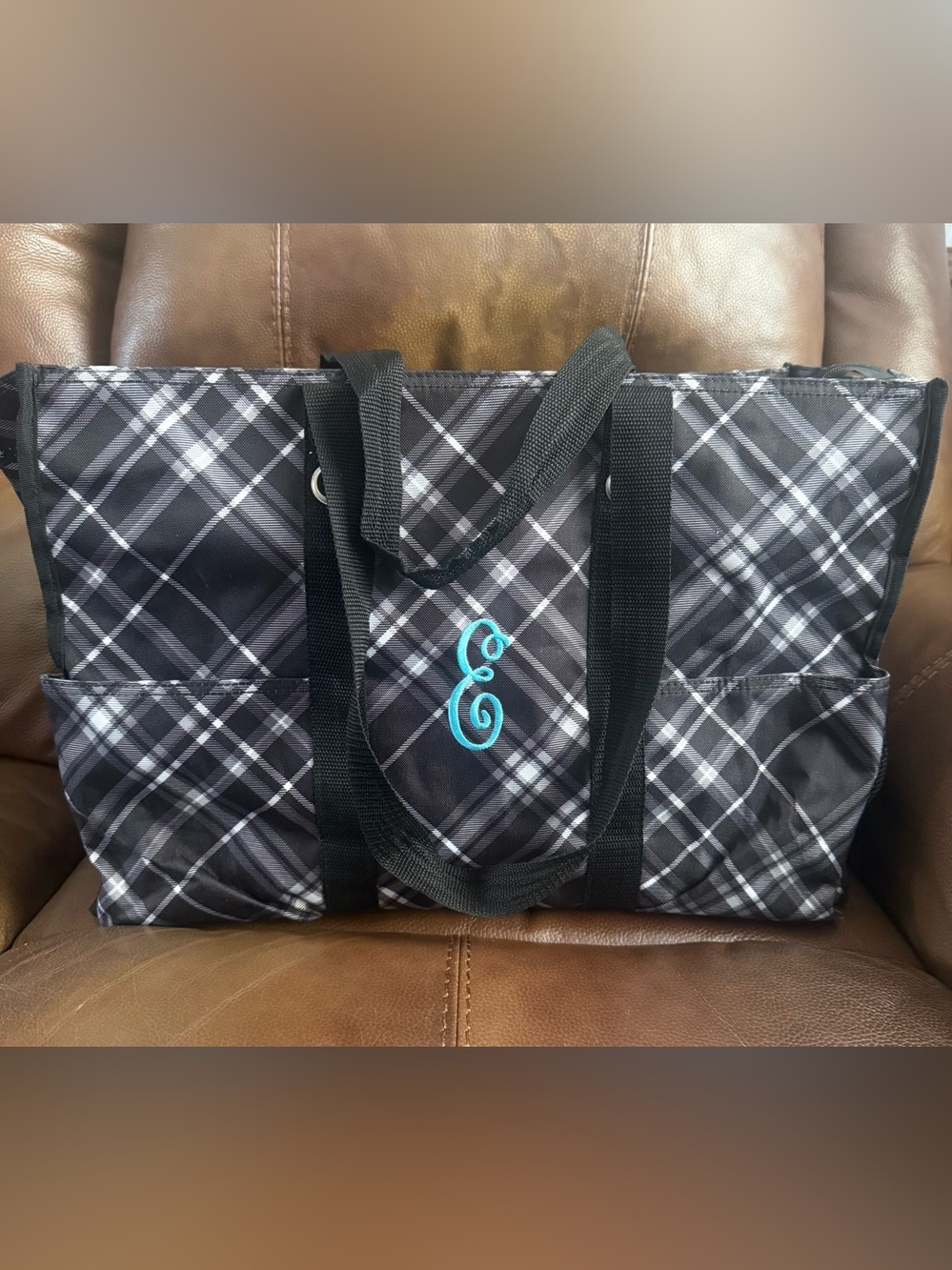 Thirty-One Black, Gray & White  Plaid Organizing Tote w/ Teal Monogrammed “E”